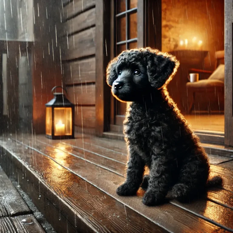 Black Pitbull Poodle mix puppy sitting on a wooden porch during a rainy afternoon