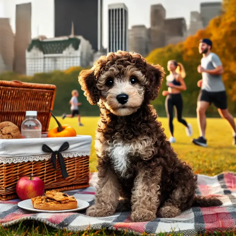 Pitbull Poodle mix puppy sitting on a picnic blanket in a city park