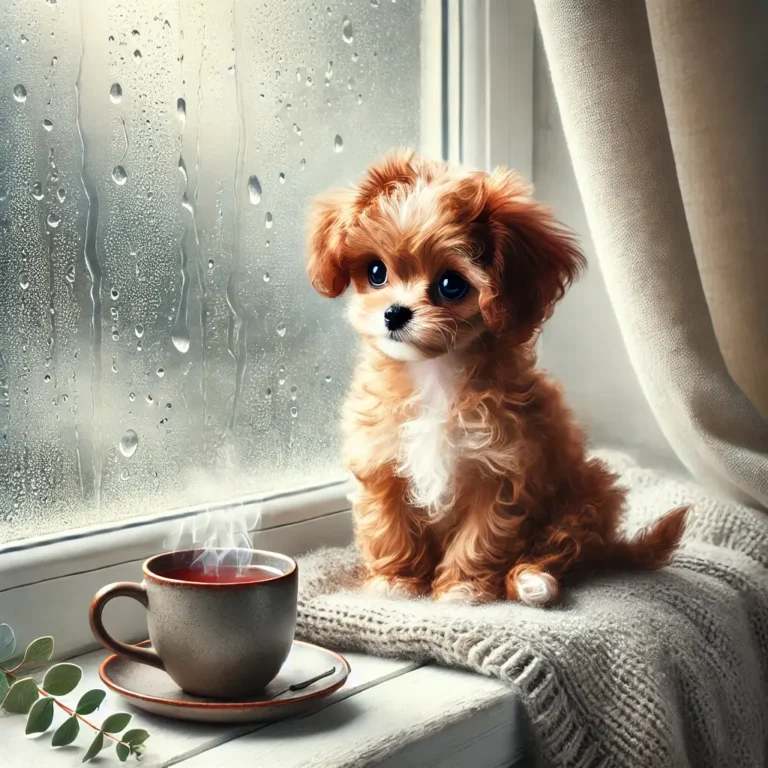Toy Poodle Chihuahua mix puppy sitting on a windowsill, watching the rain