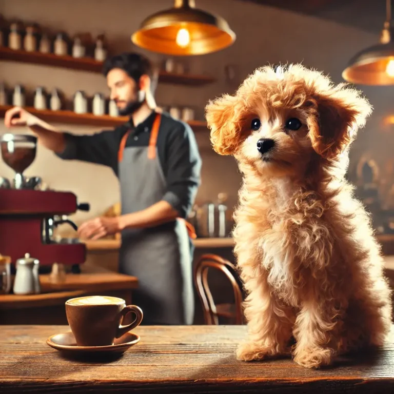 Poodle Chihuahua mix puppy sitting in a vintage-style café
