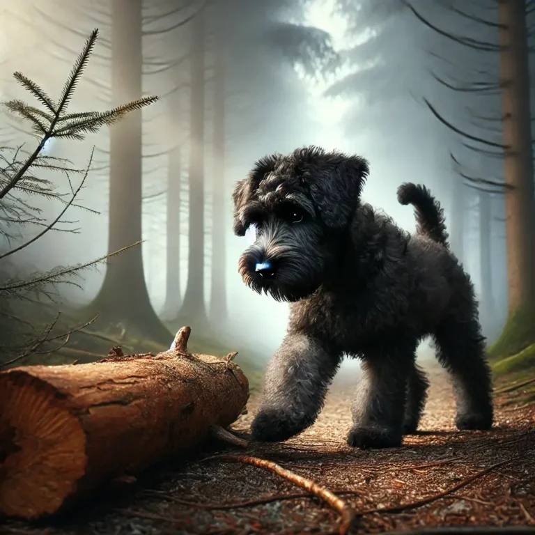 Giant Schnauzer Poodle mix puppy exploring a foggy forest trail