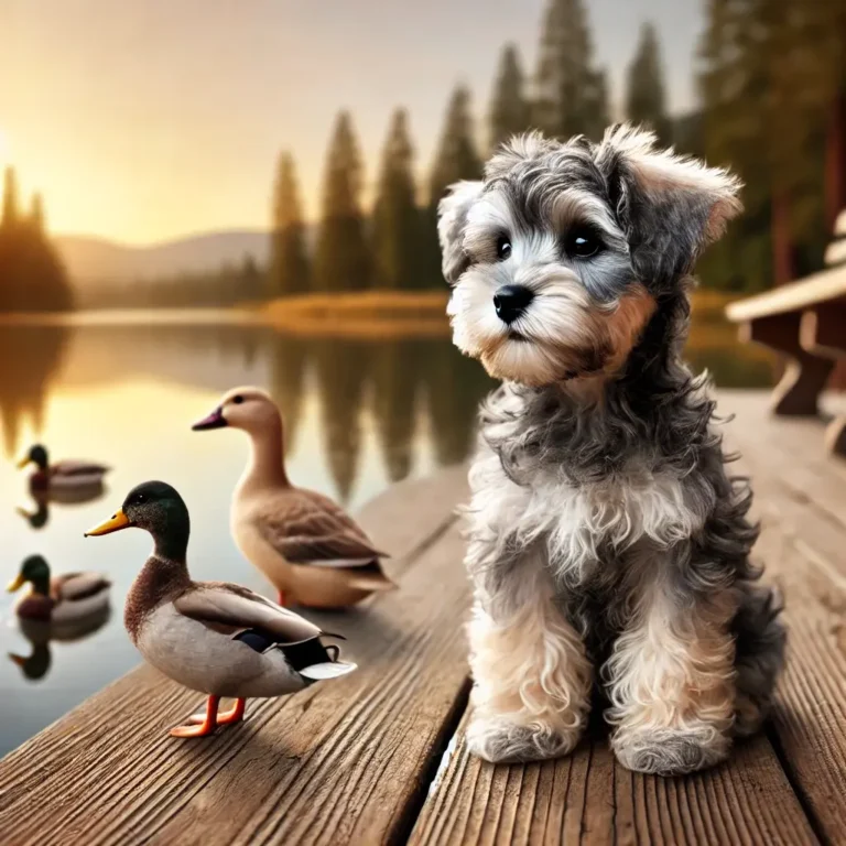 Miniature Schnauzer Poodle mix puppy sitting on a wooden dock by a lake