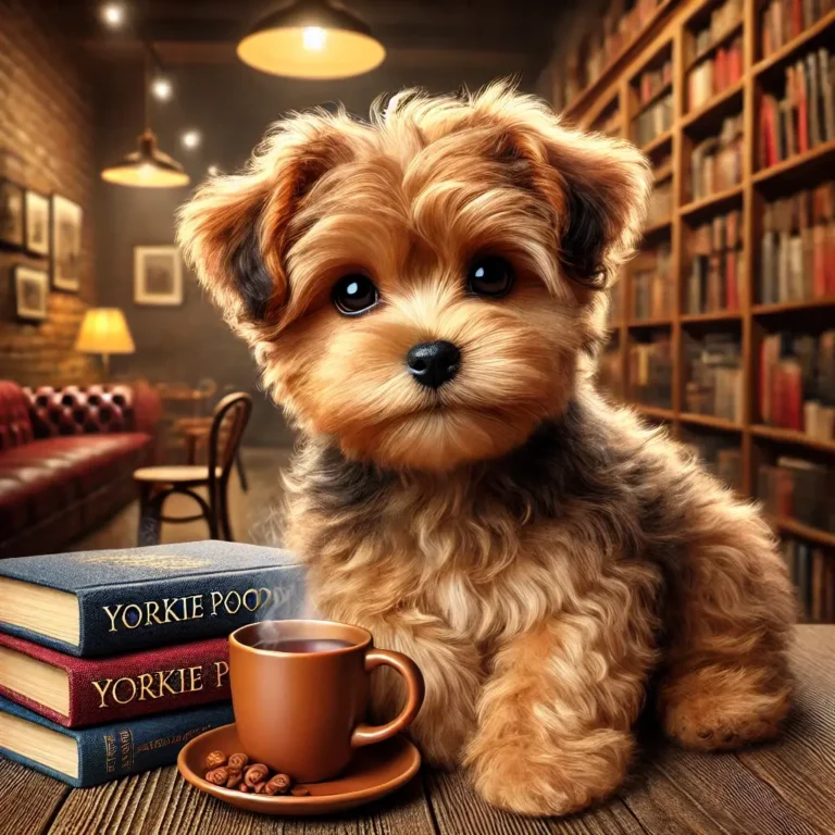 Yorkie Poodle mix puppy sitting in a cozy bookstore