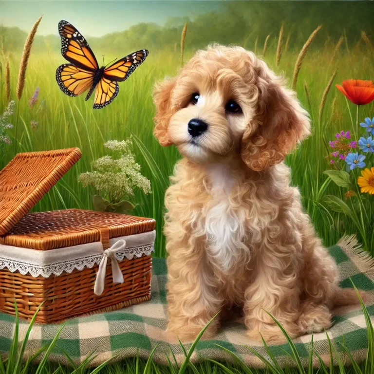 Cocker Poodle mix puppy sitting on a picnic blanket in a meadow