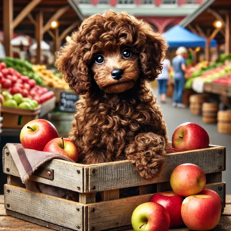 brown Toy Poodle puppy sitting inside a rustic wooden crate at a farmer’s market