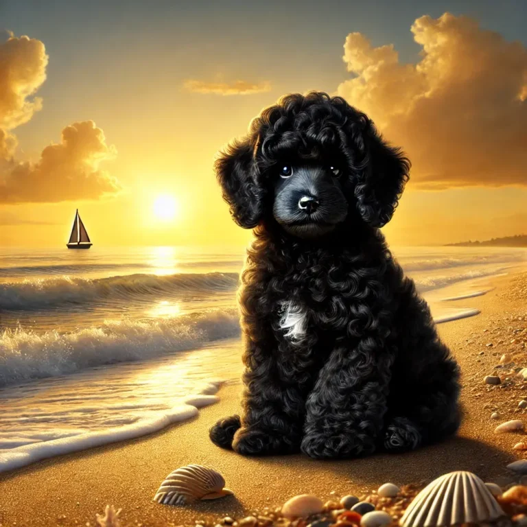 black Poodle puppy sitting on a beach at sunset