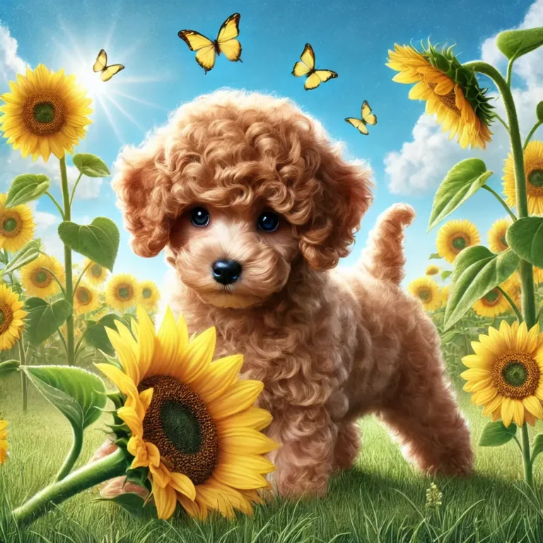 Moyen Poodle puppy exploring a sunflower field