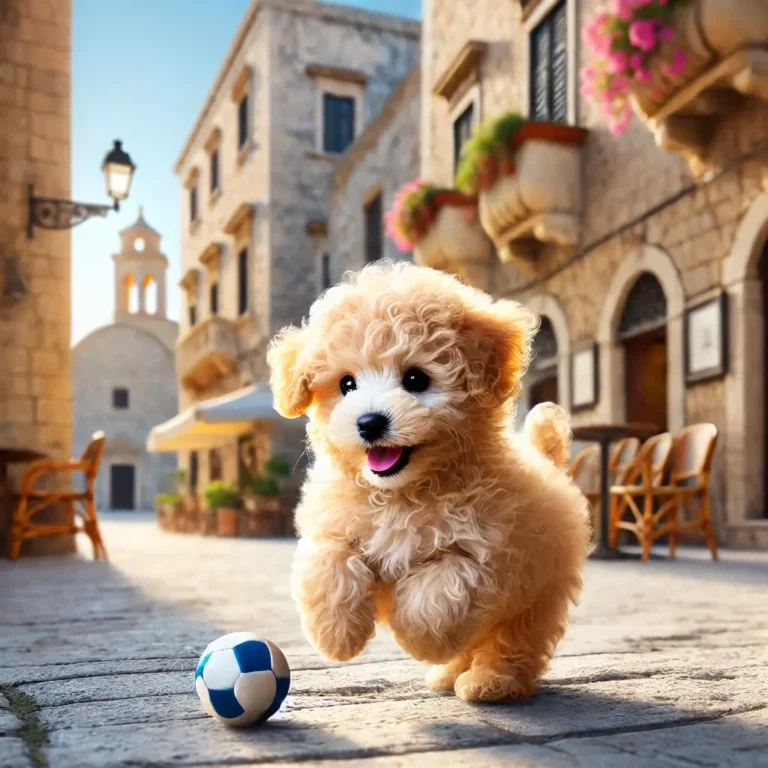 French Poodle Mini puppy playing on a cobblestone street in a historic European town