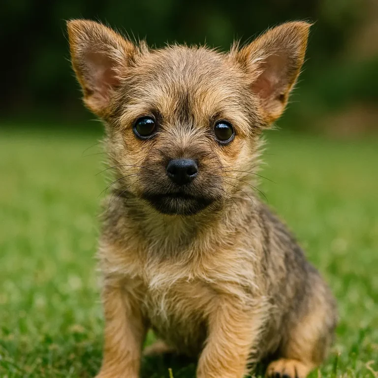 cairn terrier chihuahua mix puppy sitting on lawn grass
