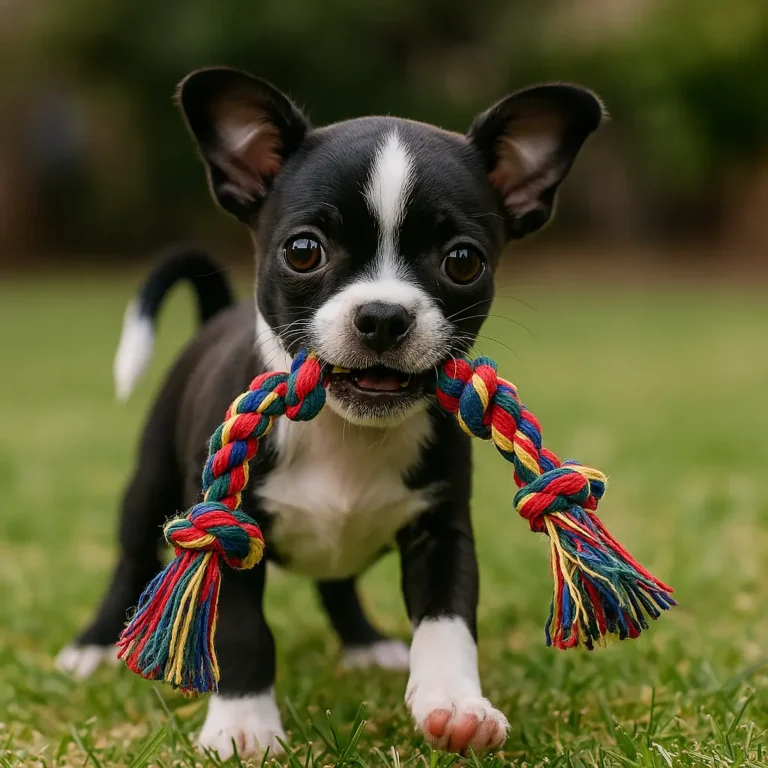 boston bull terrier chihuahua mix playing in lawn