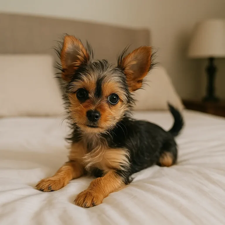 yorkshire terrier chihuahua mix sitting relaxed on bed