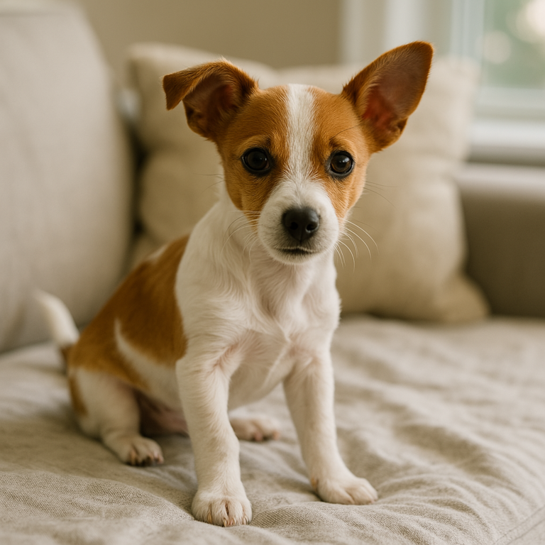 jack russell chihuahua mix pyppy sitting on bed