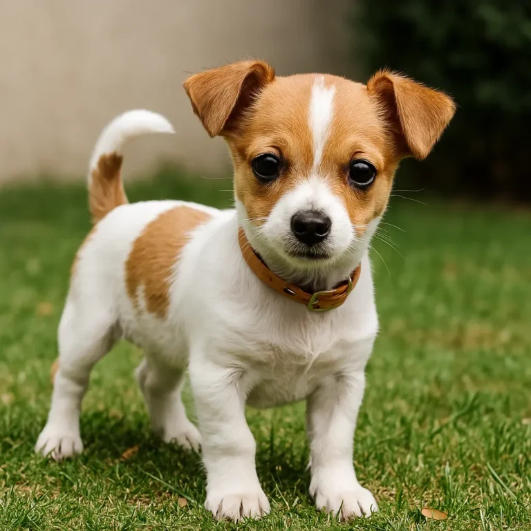 russell terrier chihuahua mix puppy standing on lawn grass