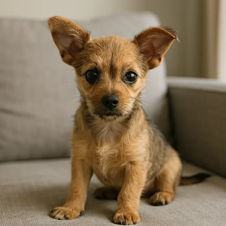 chihuahua terrier mix puppy sitting on sofa