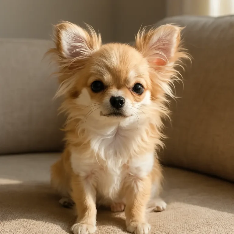 long haired apple head chihuahua puppy sitting on sofa