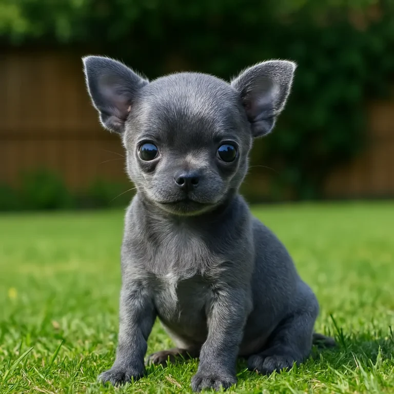 blue apple head chihuahua puppy sitting on lawn grass