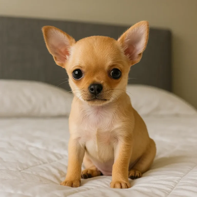 apple head chihuahua puppy sitting on bed