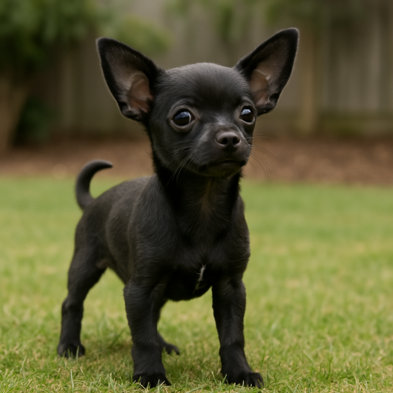 black deer head chihuahua puppy standing on grass