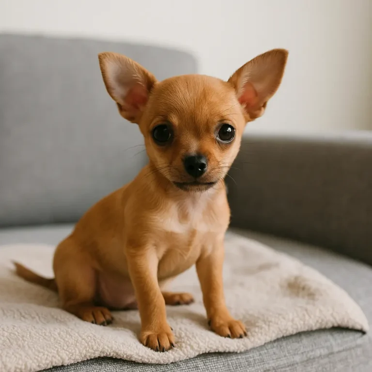 fawn deer head chihuahua puppy sitting on sofa