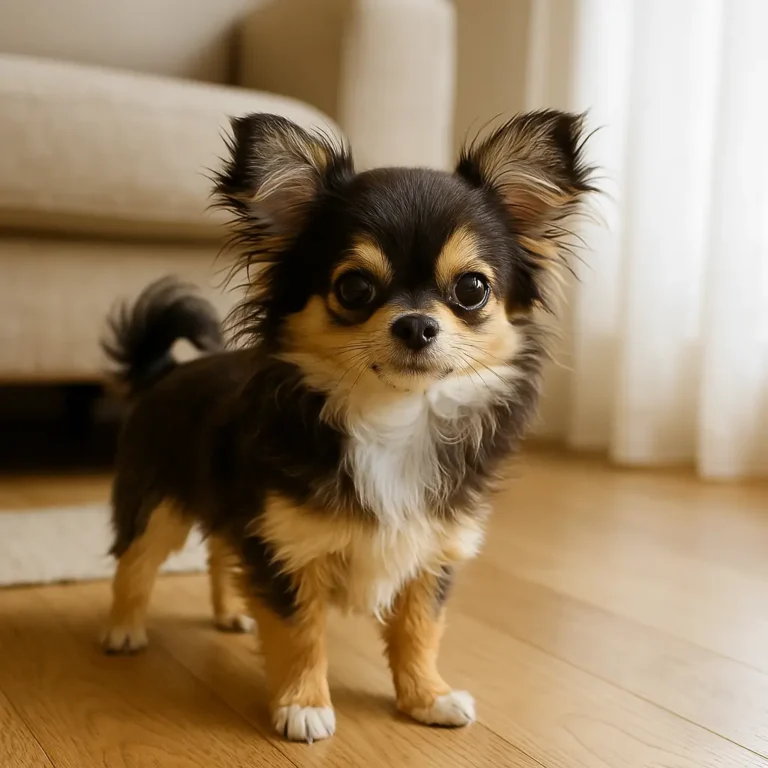 long haired chihuahua puppy standing near sofa
