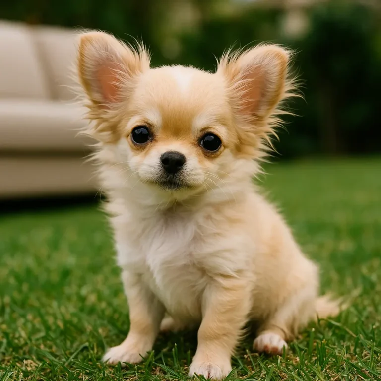 long haired teacup chihuahua puppy sitting on grass near sofa