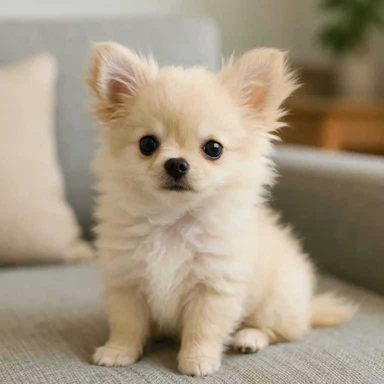 fluffy teacup chihuahua puppy sitting on sofa