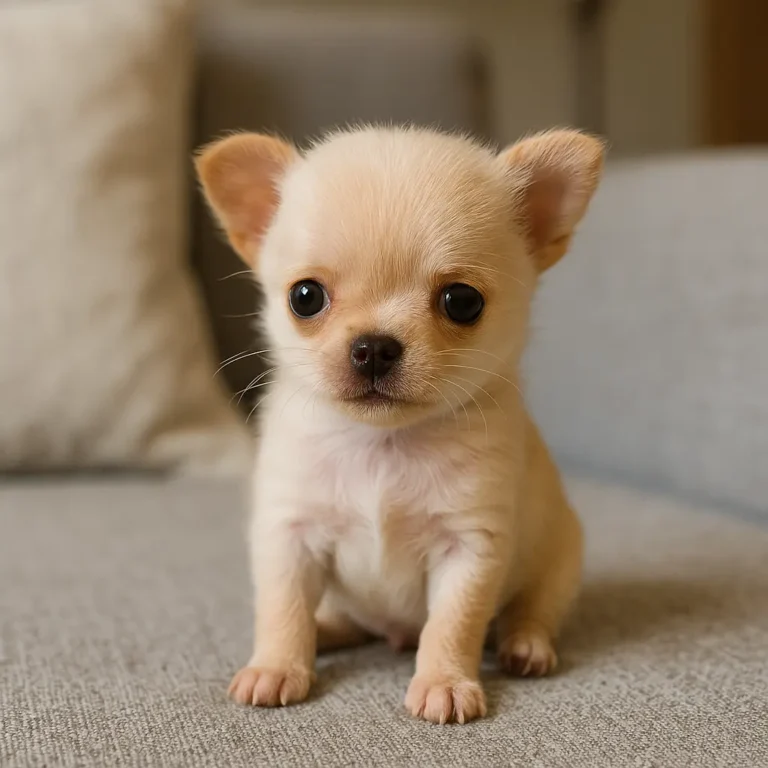 micro teacup chihuahua puppy sitting on sofa