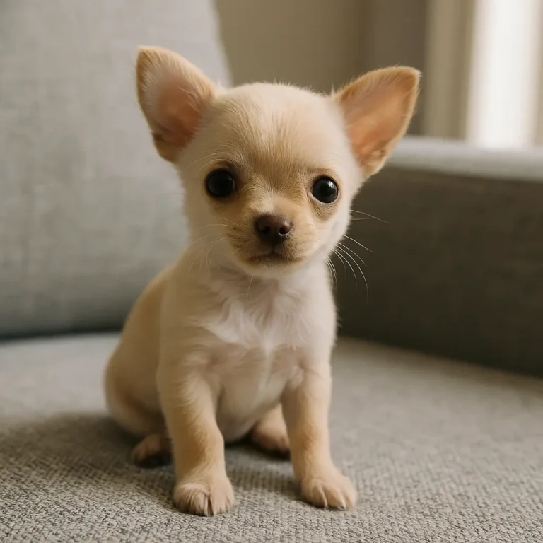 teacup chihuahua puppy sitting on grey sofa