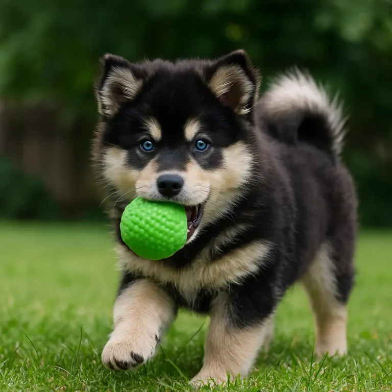 siberian husky mix chow chow puppy playing with a ball on lawn