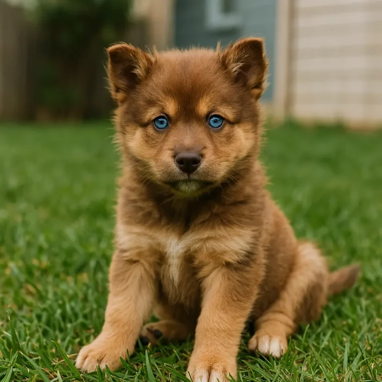 chow husky mix puppy sitting on lawn grass