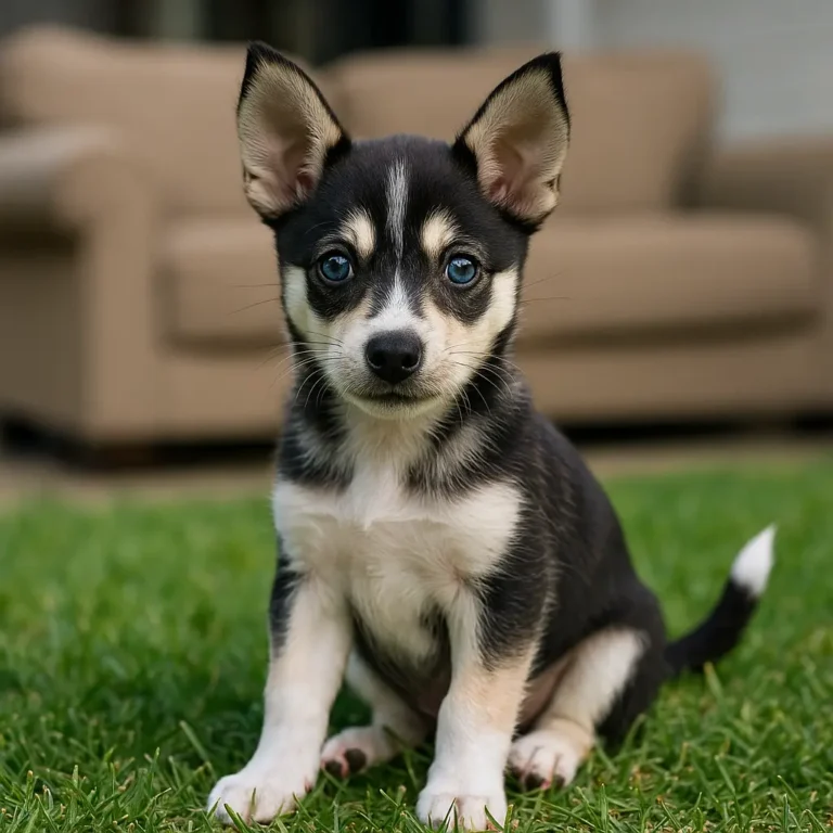 husky rat terrier mix puppy sitting on lawn grass near sofa