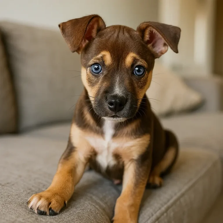 pit bull terrier husky mix puppy sitting on light grey sofa