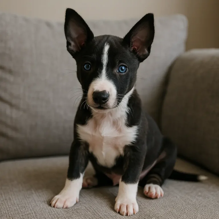 bull terrier husky mix sitting on sofa
