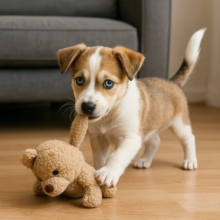 jack russell terrier husky mix puppy playing with a toy near sofa