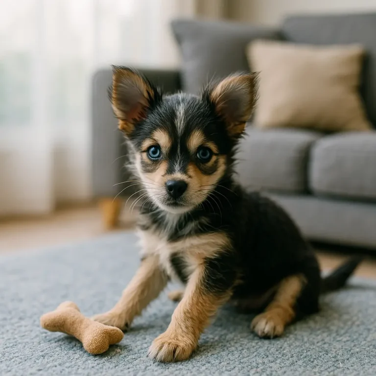 yorkshire terrier husky mix puppy sitting near grey sofa on floor playing with bone