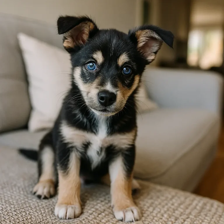 husky terrier mix puppy sitting on sofa couch
