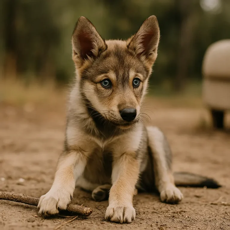 siberian husky coyote mix pppy sitting on soil