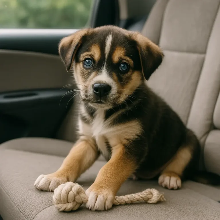 siberian husky boxer mix puppy sitting inside car