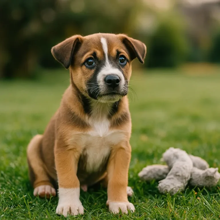 boxer husky mix puppy sitting on ground