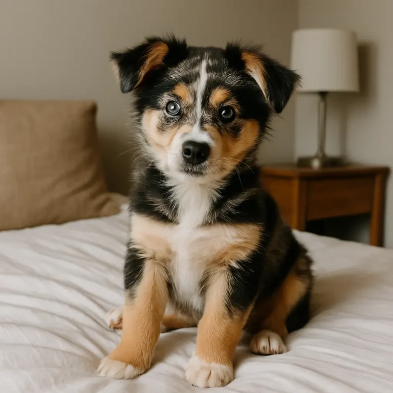 aussie siberian husky mix puppy sitting on bed