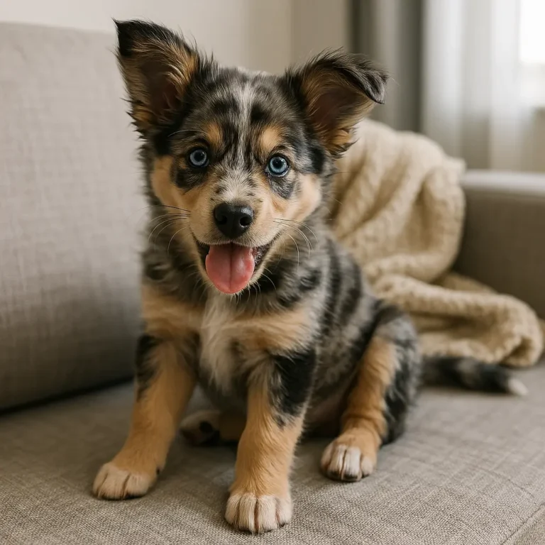 aussie husky mix puppy sitting on sofa