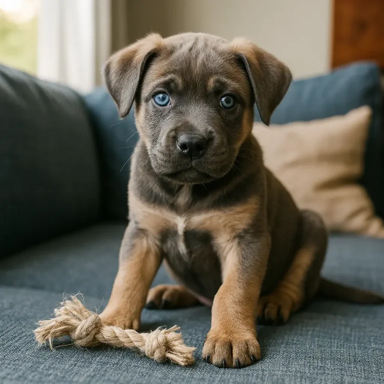 cane corso mastiff and husky mix puppy sitting on grey sofa eating bone