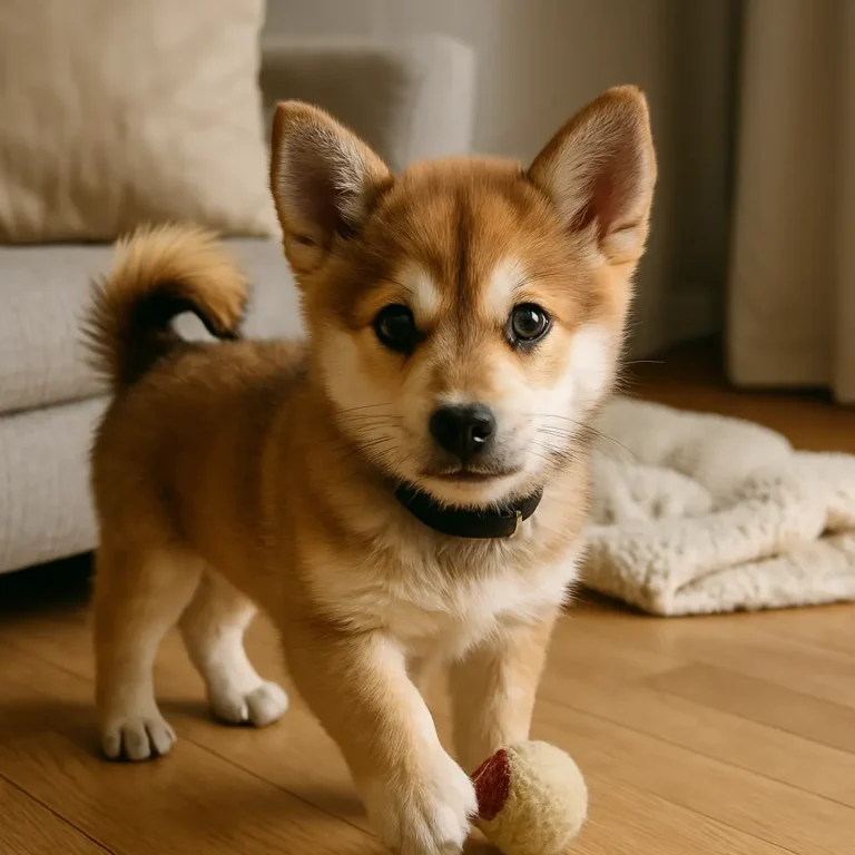 siberian husky and shiba inu mix puppy standing on floor