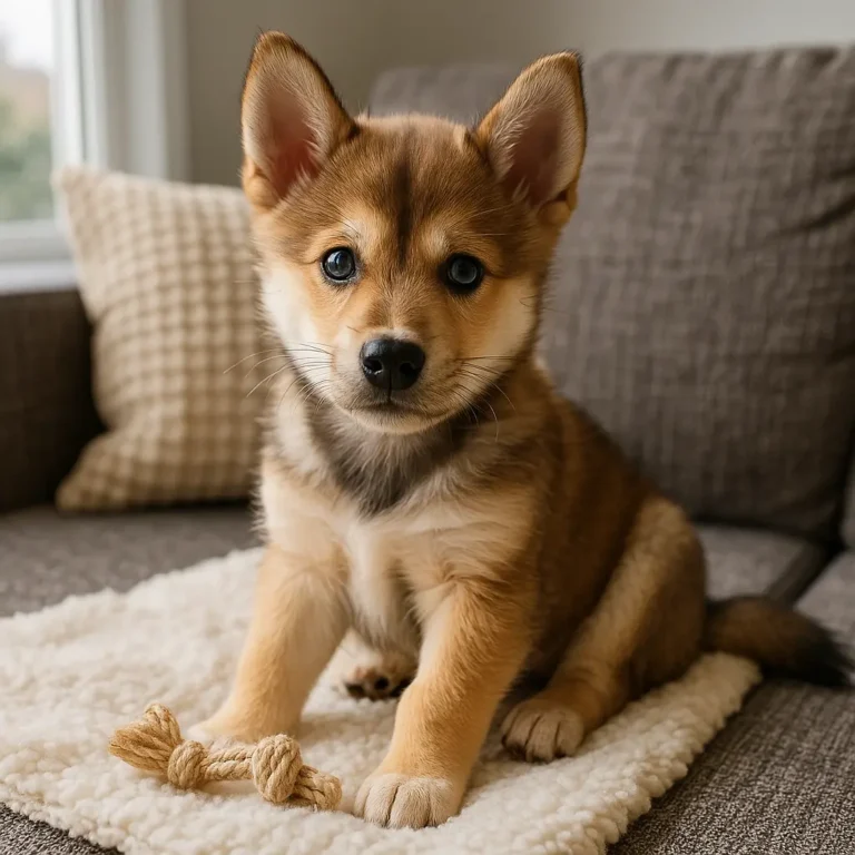 shiba inu husky mix puppy sitting on sofa