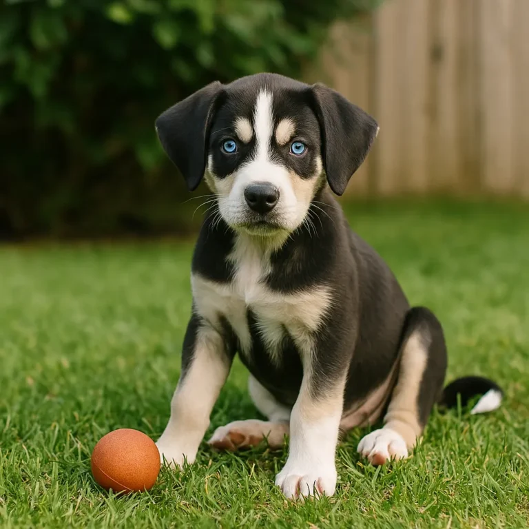 siberian husky great dane mix puppy sitting on lawn playing with grass