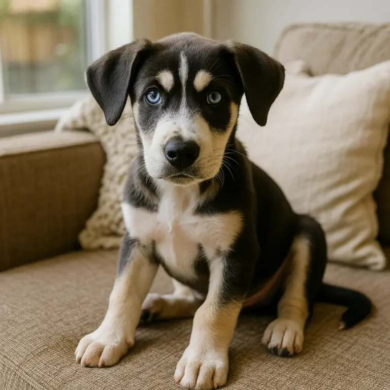 great dane husky mix puppy sitting on sofa