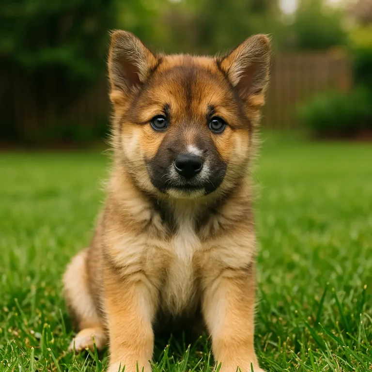 akita german shepherd husky mix puppy sitting on lawn grass