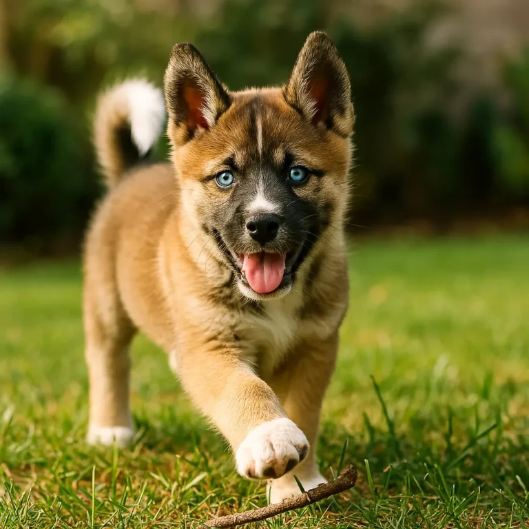 american akita husky mix puppy walking on lawn