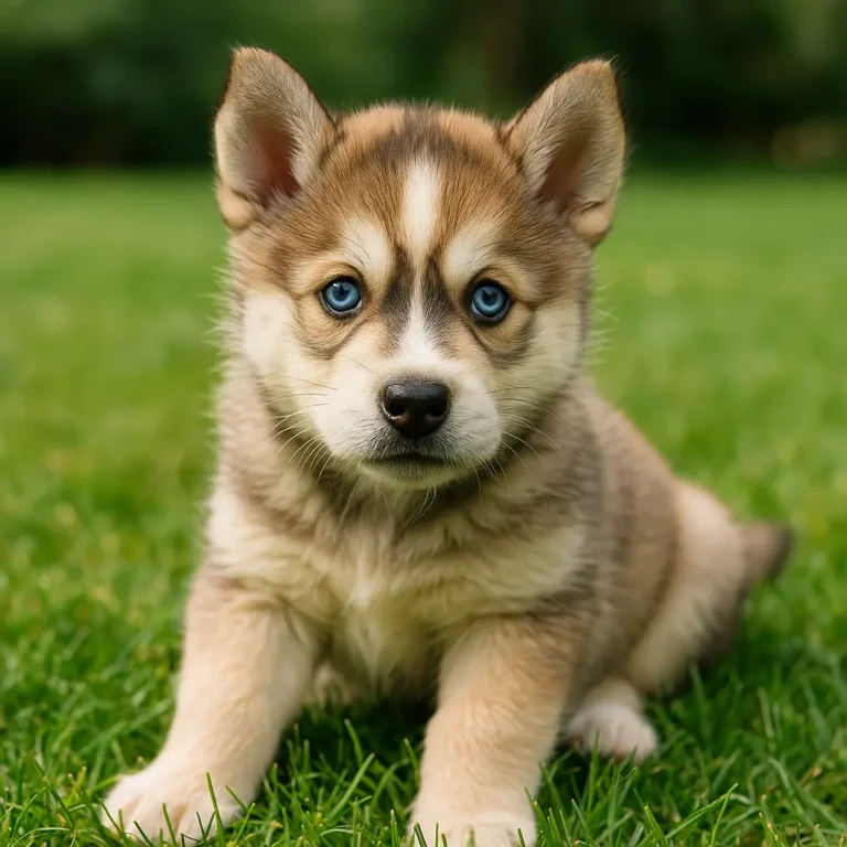 siberian husky mix with akita puppy sitting on lawn grass