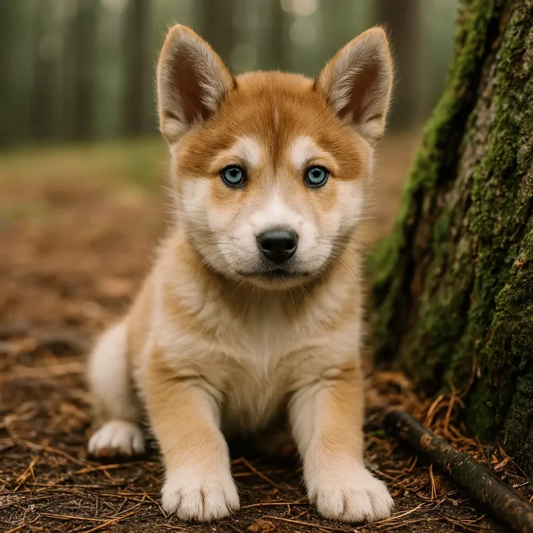 akita inu siberian husky mix puppy sitting in jungle